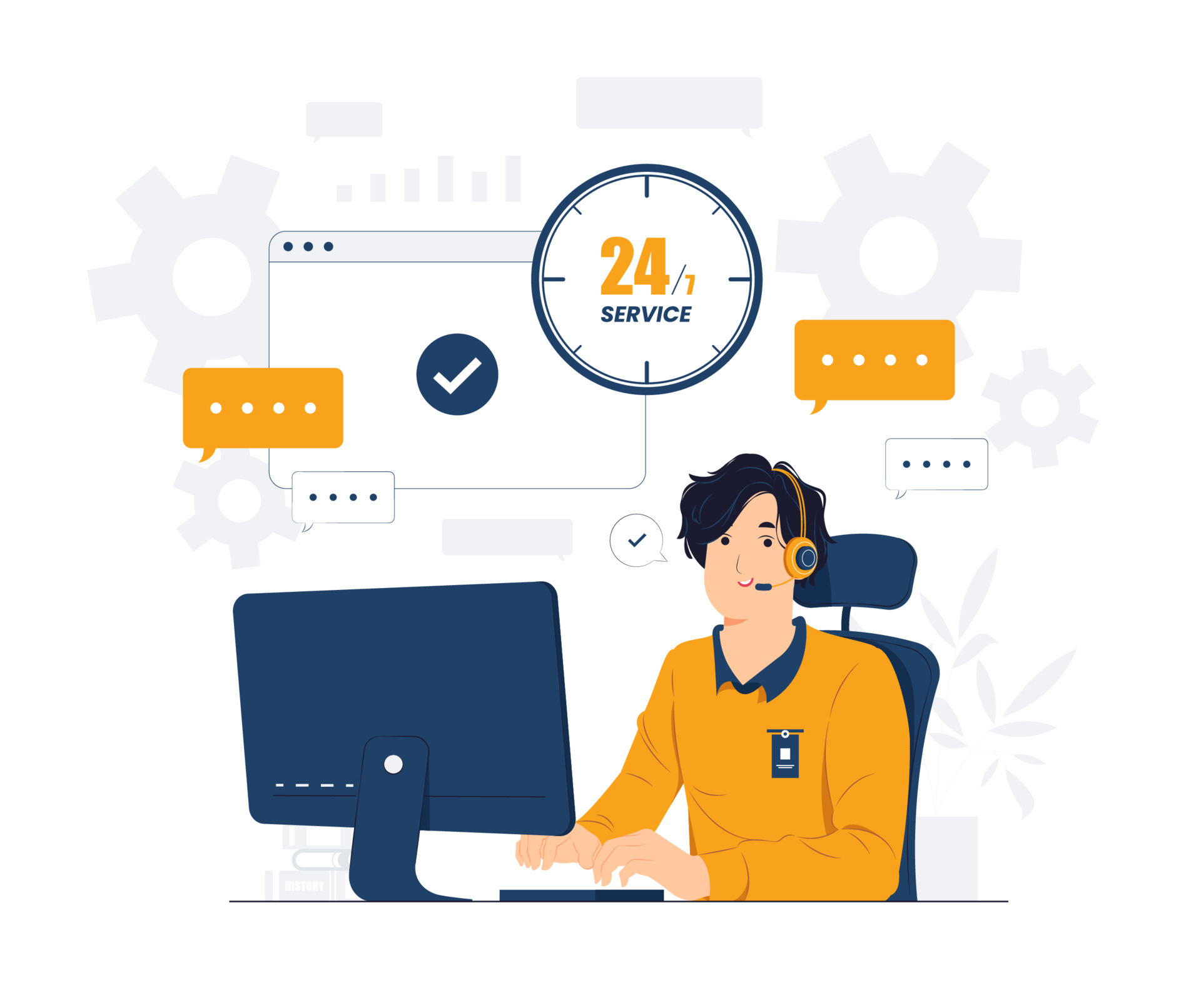A support agent with a headset answering customer messages